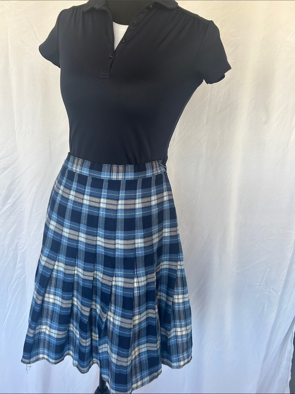 Lands' End Navy and Light Blue Plaid Full Skirt